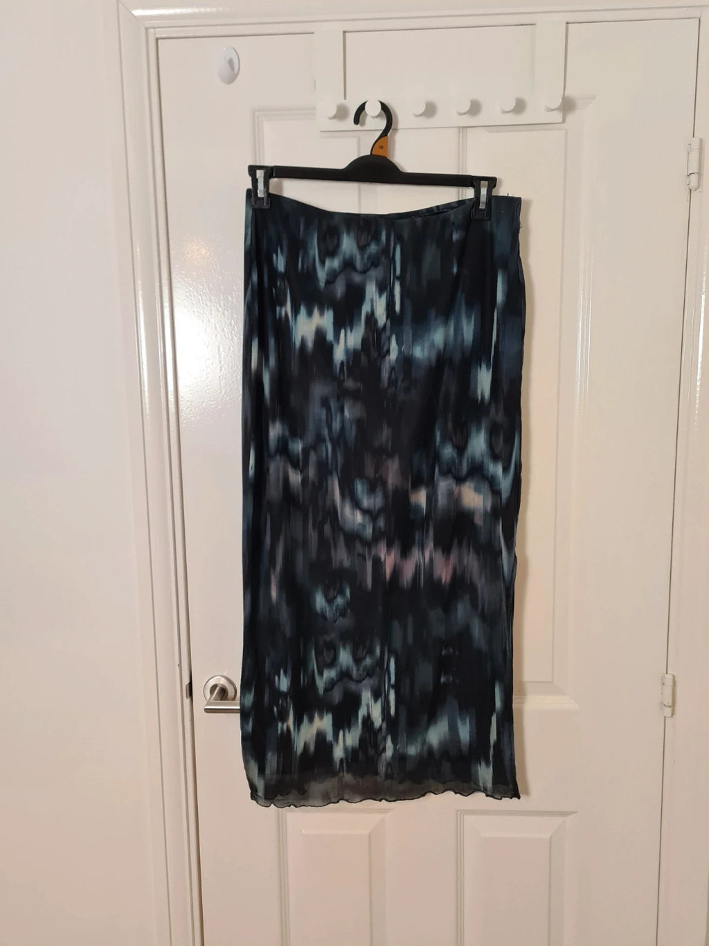 New Look women navy abstract print mesh midi dress elastic waistband lining split on side XL/14
