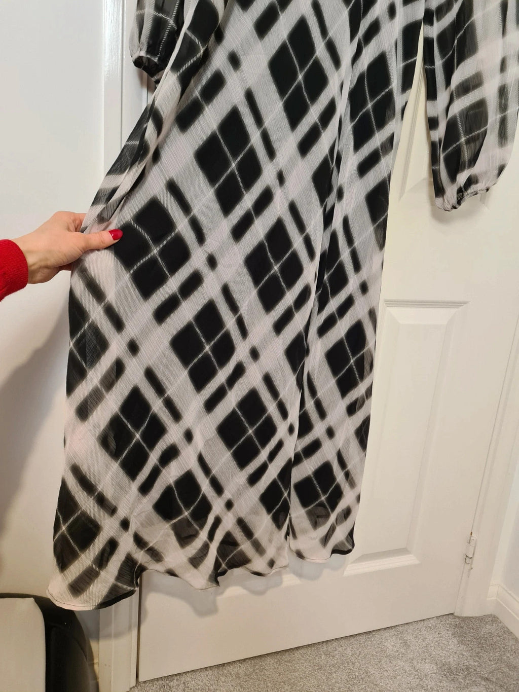 TU women mono check midaxi tea dress black/white long sleeve mesh lining round neck casual 2XL/16