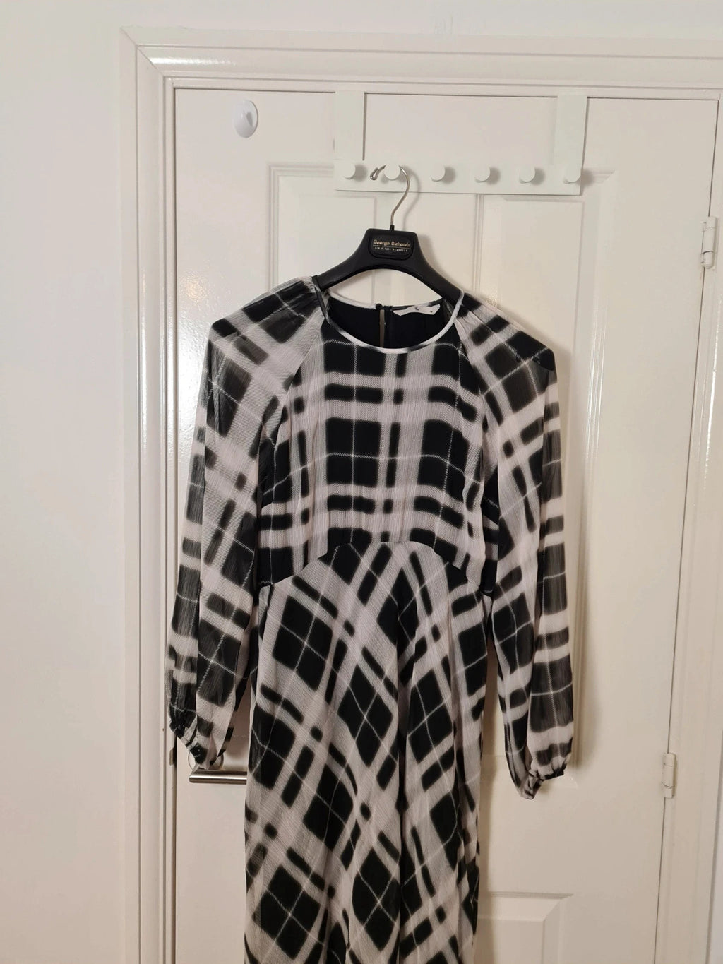 TU women mono check midaxi tea dress black/white long sleeve mesh lining round neck casual 2XL/16