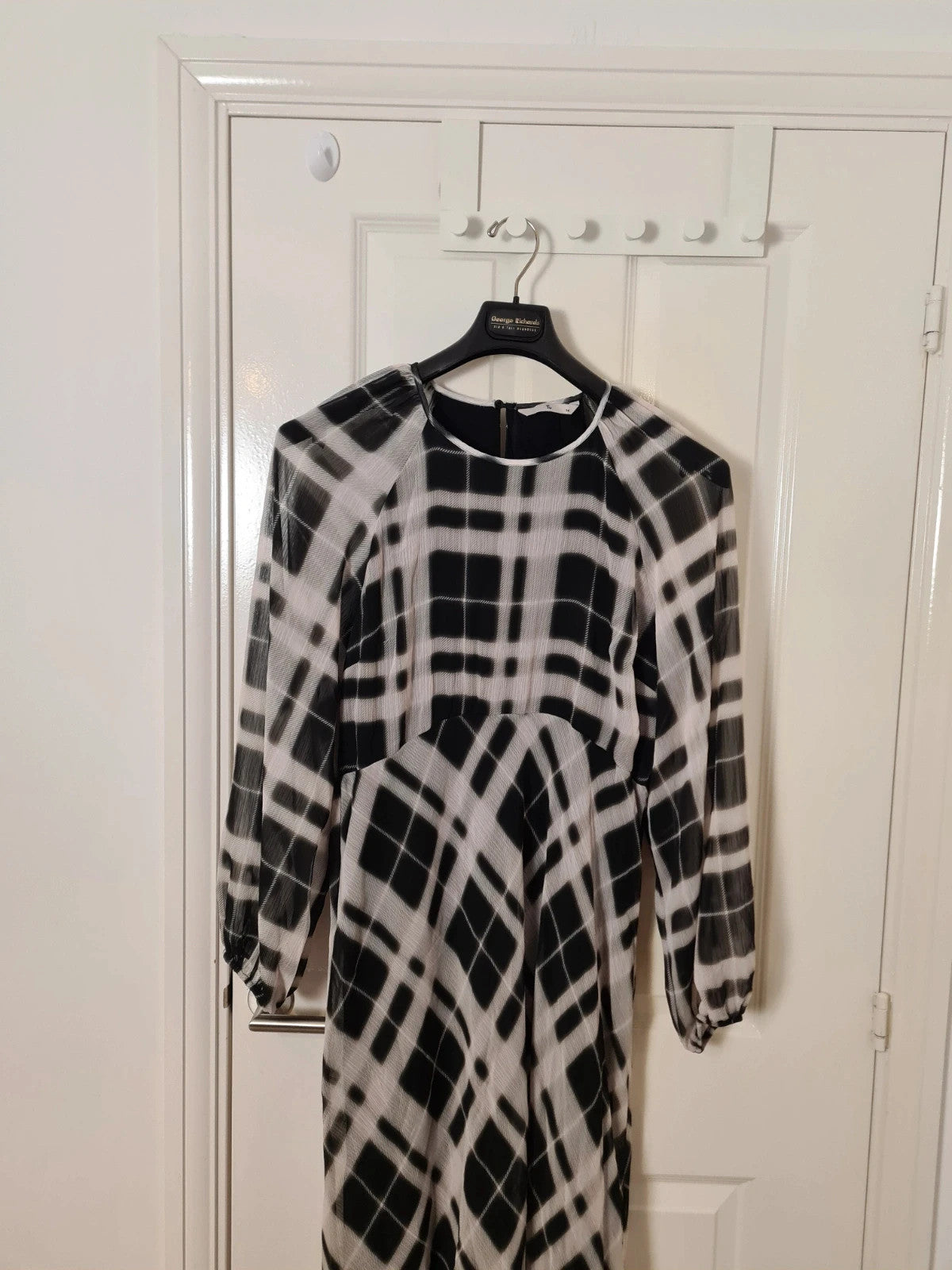 TU women mono check midaxi tea dress black/white long sleeve mesh lining round neck casual 2XL/16