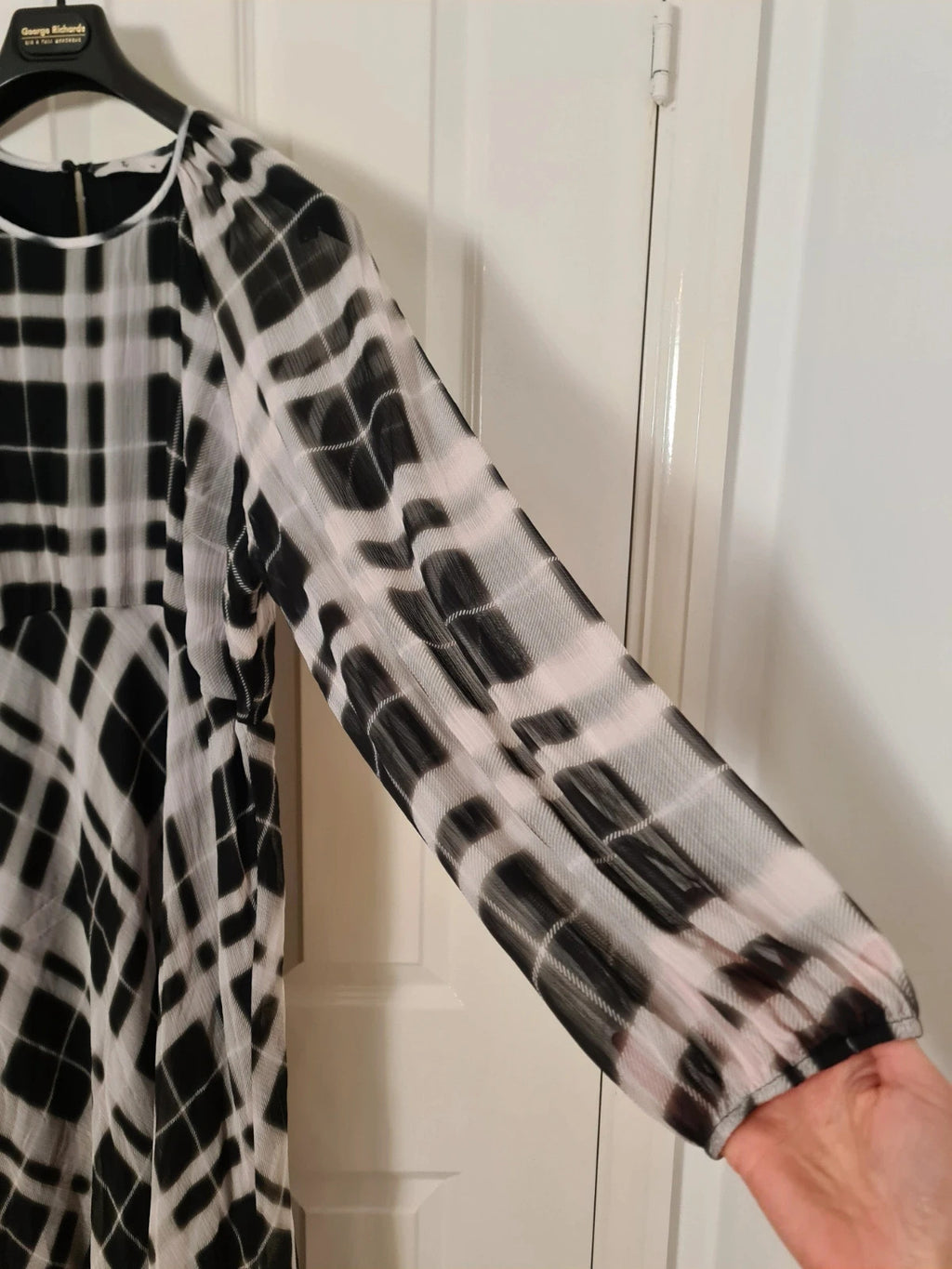 TU women mono check midaxi tea dress black/white long sleeve mesh lining round neck casual 2XL/16