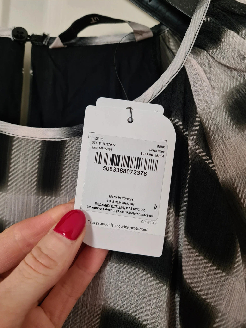 TU women mono check midaxi tea dress black/white long sleeve mesh lining round neck casual 2XL/16