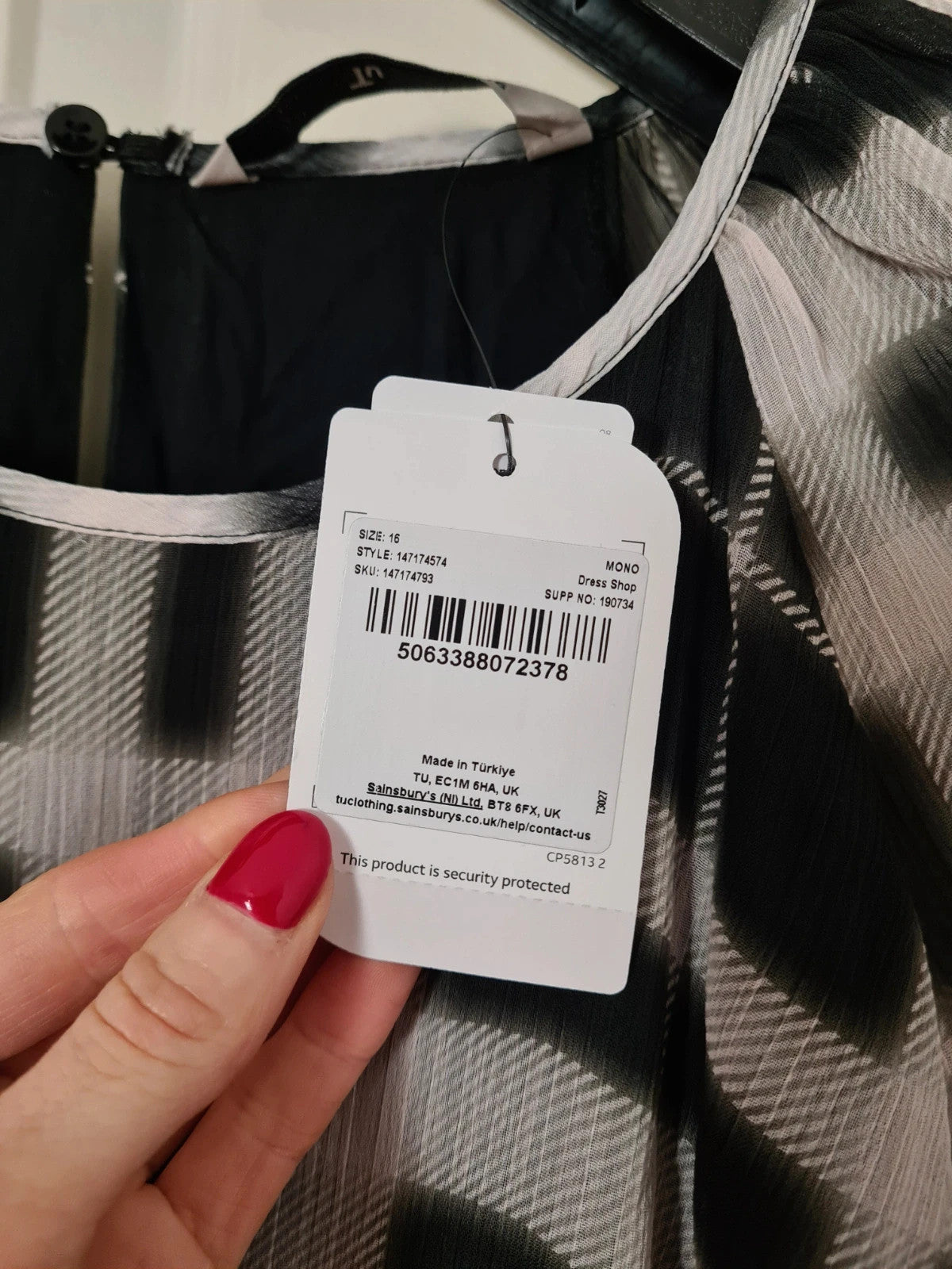 TU women mono check midaxi tea dress black/white long sleeve mesh lining round neck casual 2XL/16