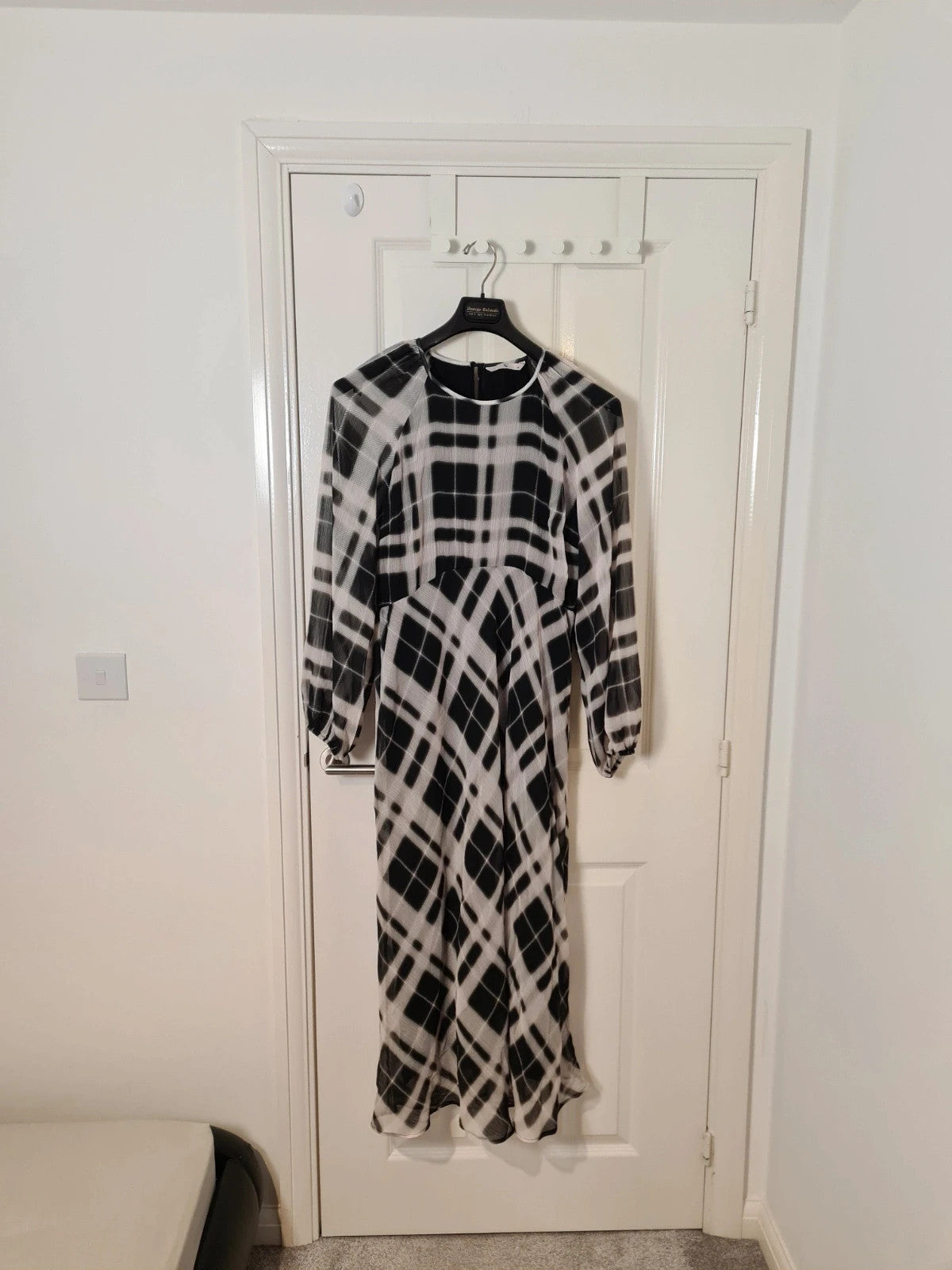 TU women mono check midaxi tea dress black/white long sleeve mesh lining round neck casual 2XL/16