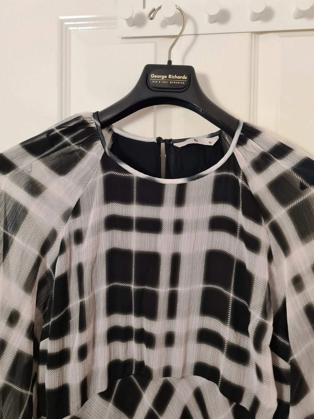 TU women mono check midaxi tea dress black/white long sleeve mesh lining round neck casual 2XL/16