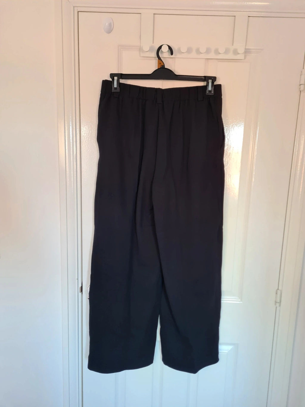Generic women black tailored pleat trousers ribb elastic waist straight wide leg office casual XL/14
