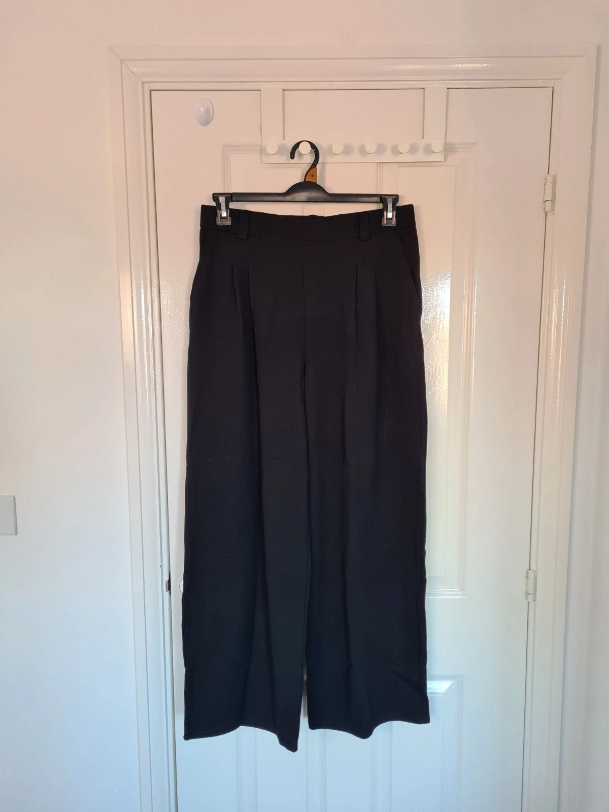 Generic women black tailored pleat trousers ribb elastic waist straight wide leg office casual XL/14