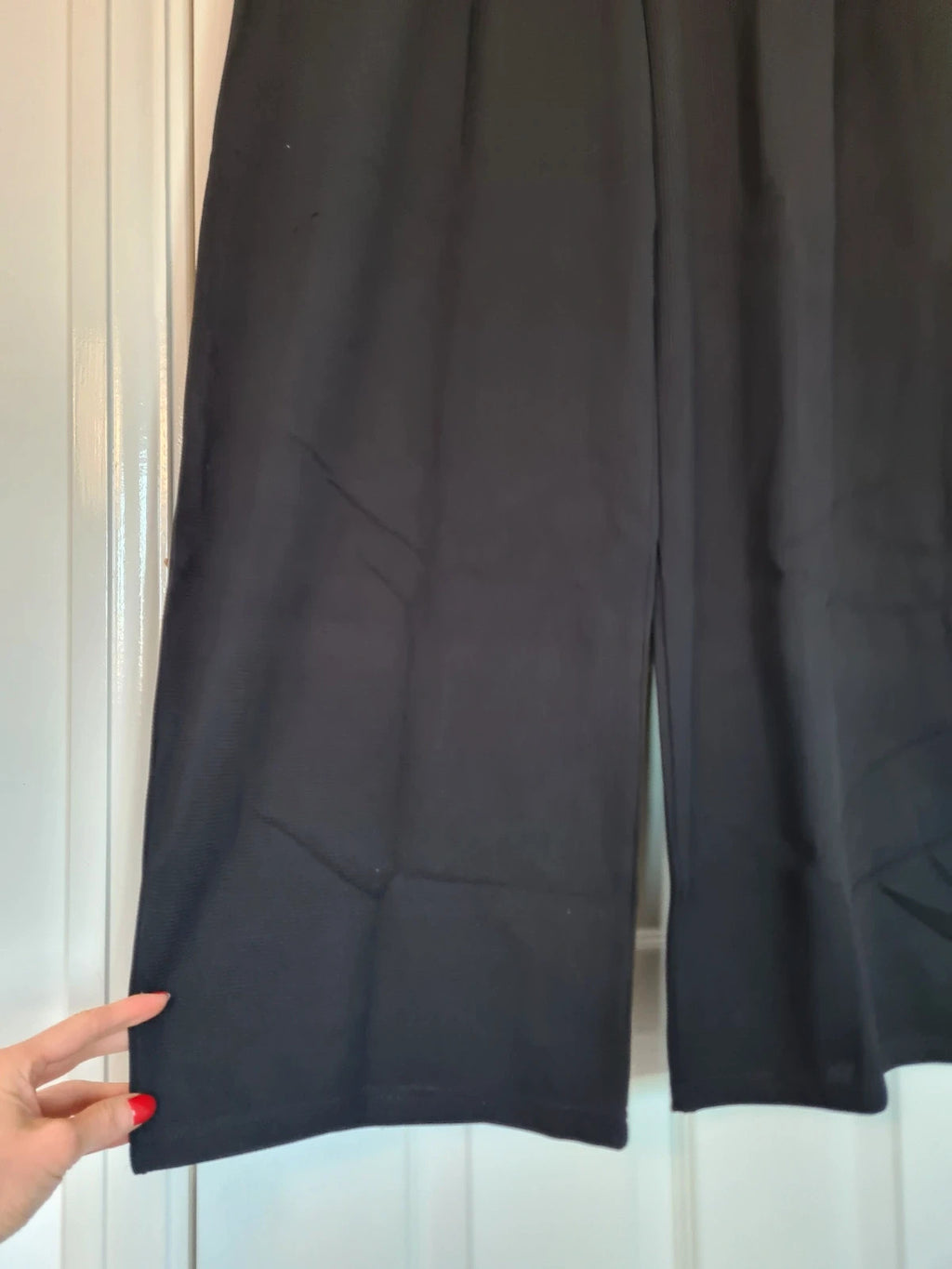 Generic women black tailored pleat trousers ribb elastic waist straight wide leg office casual XL/14