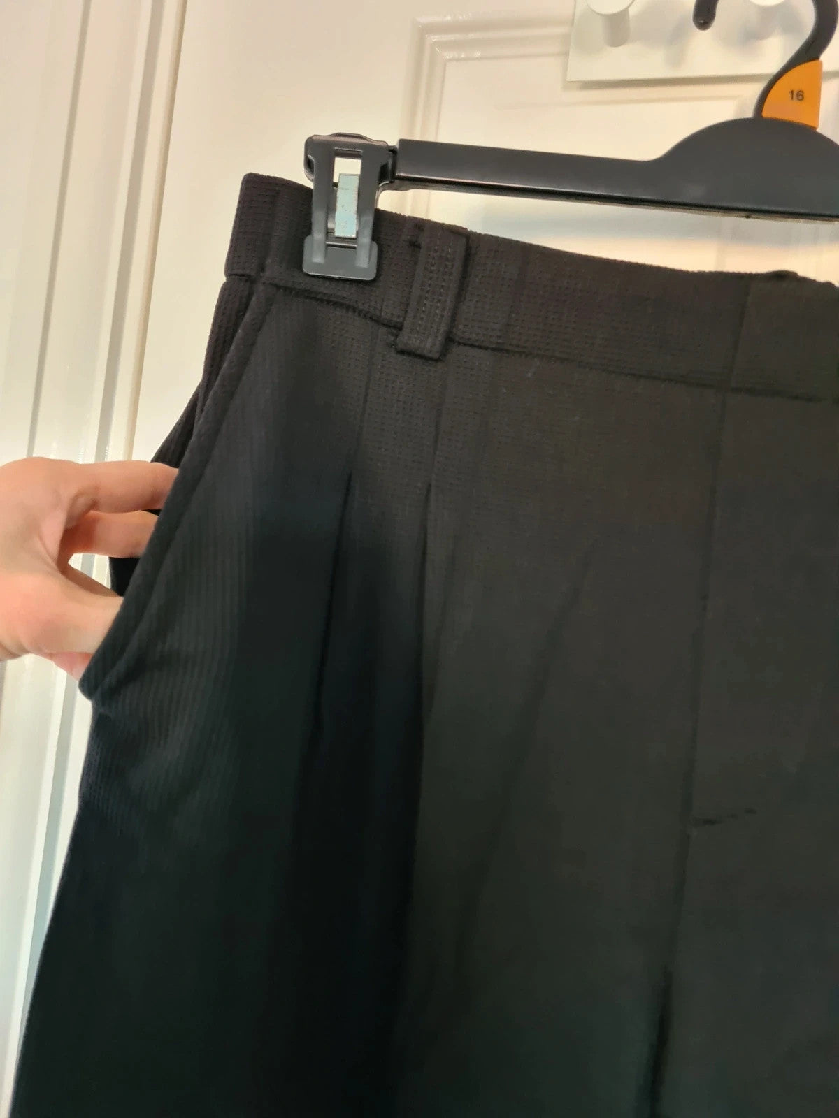 Generic women black tailored pleat trousers ribb elastic waist straight wide leg office casual XL/14