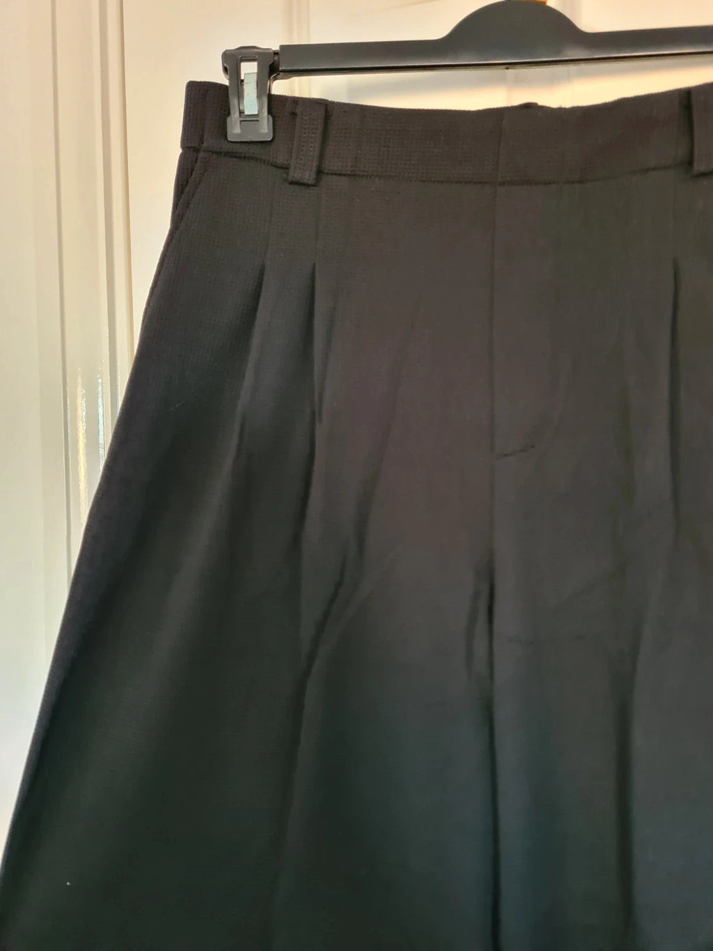 Generic women black tailored pleat trousers ribb elastic waist straight wide leg office casual XL/14