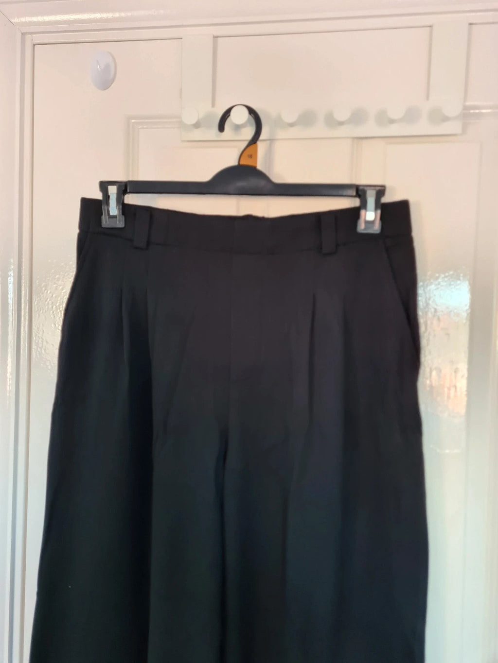 Generic women black tailored pleat trousers ribb elastic waist straight wide leg office casual XL/14