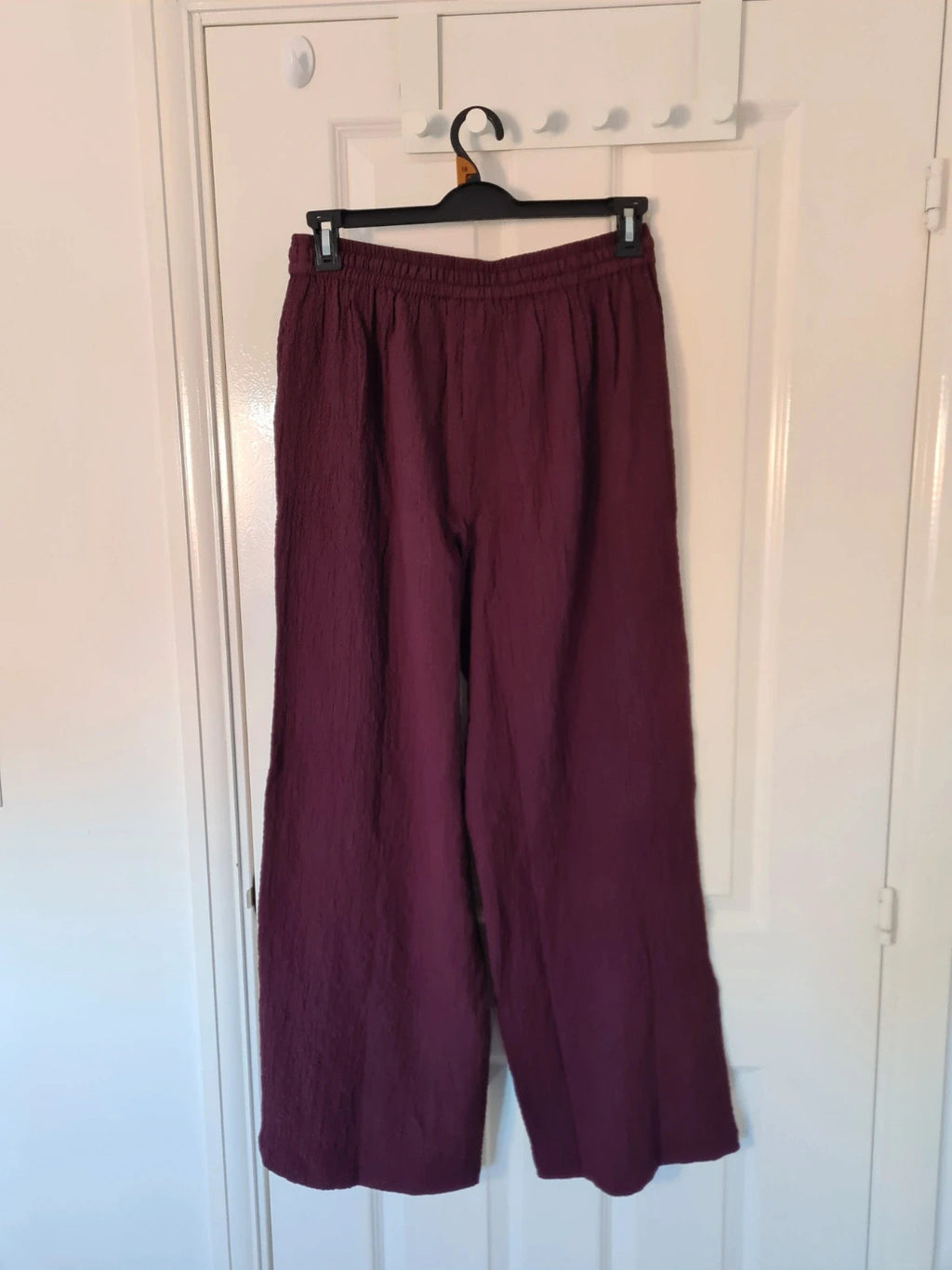 Wednesday's Girl women textured wide leg trousers deep purple high rise drawsting elastic waist M