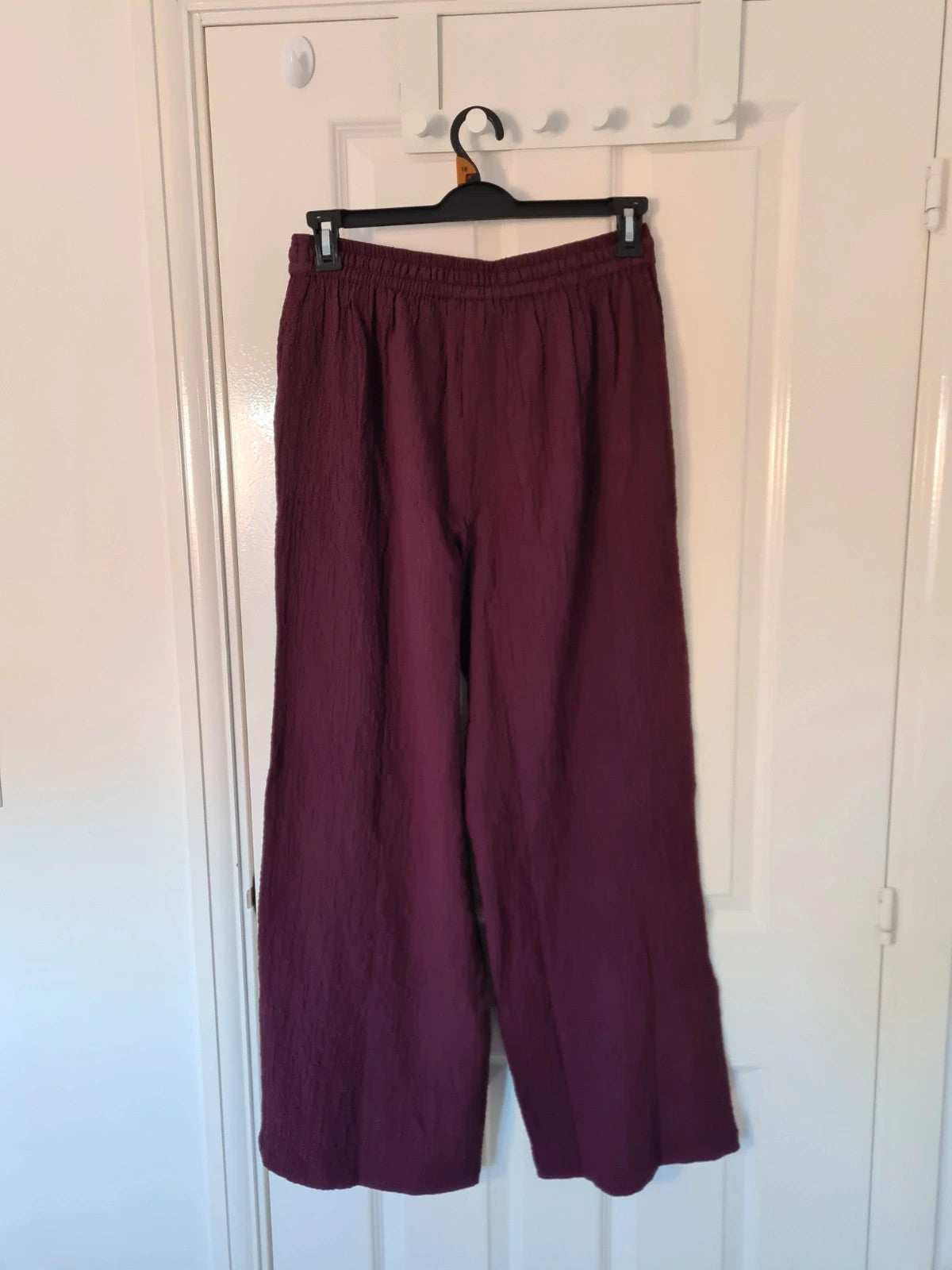 Wednesday's Girl women textured wide leg trousers deep purple high rise drawsting elastic waist M
