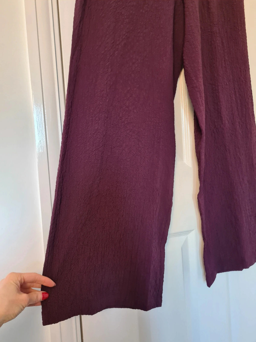 Wednesday's Girl women textured wide leg trousers deep purple high rise drawsting elastic waist M