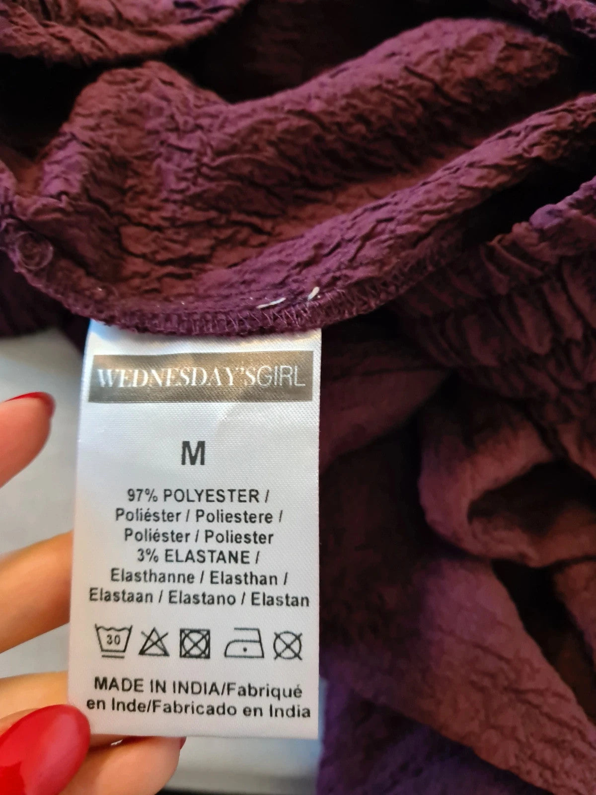 Wednesday's Girl women textured wide leg trousers deep purple high rise drawsting elastic waist M