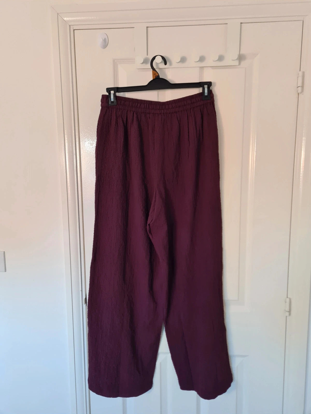 Wednesday's Girl women textured wide leg trousers deep purple high rise drawsting elastic waist M
