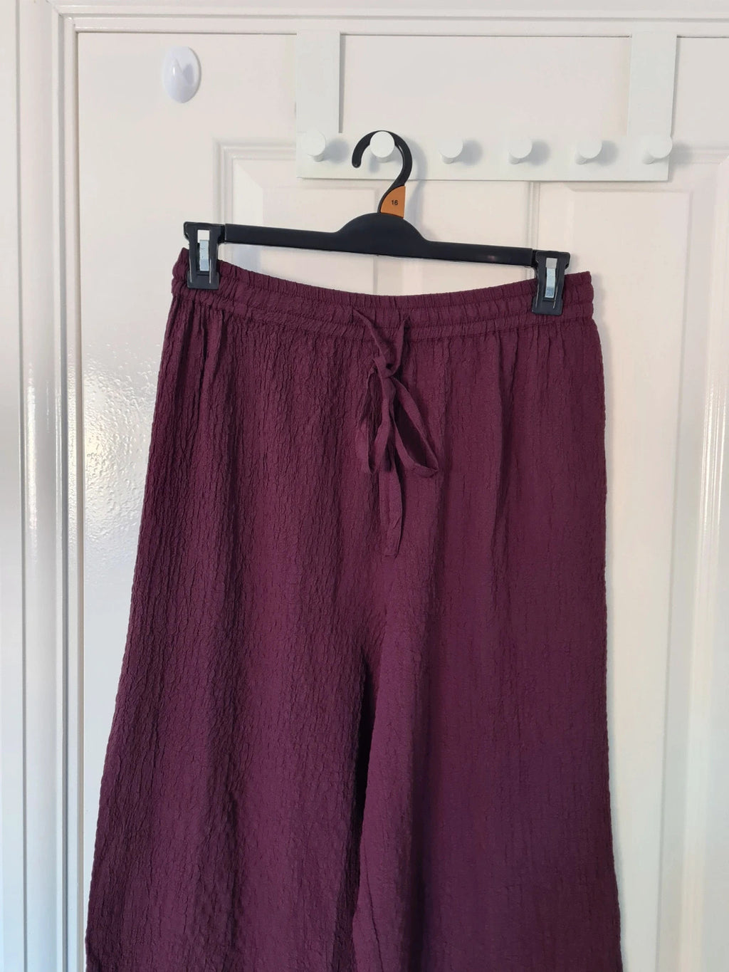 Wednesday's Girl women textured wide leg trousers deep purple high rise drawsting elastic waist M