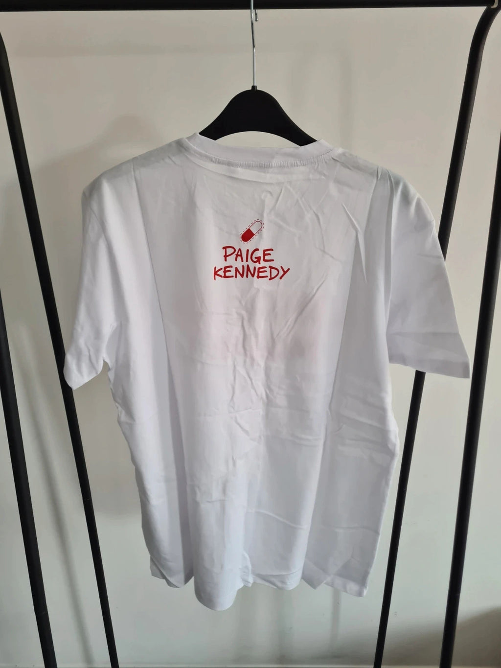 Paige Kennedy women lingerie model print white/red T-shirt cotton ribbed collar casual tee L/12