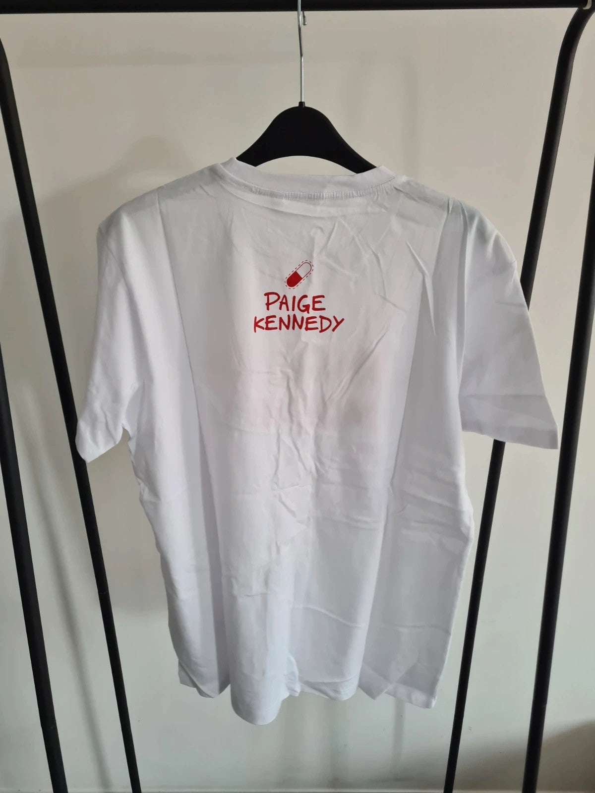 Paige Kennedy women lingerie model print white/red T-shirt cotton ribbed collar casual tee L/12