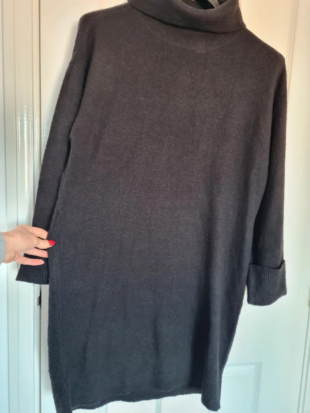 Vila women black virolfie tie waist mini dress knitt turtleneck jumper dress long sleeve L/12