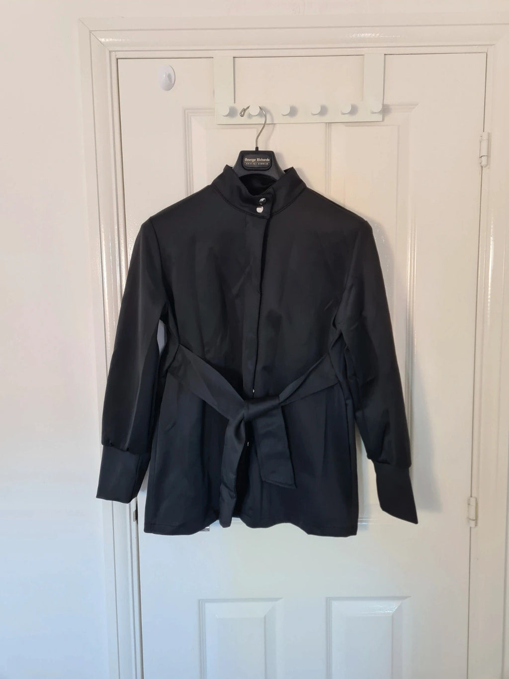 Shein women black lightweight shirt high neck long sleeve buttons down belted tunic M/10