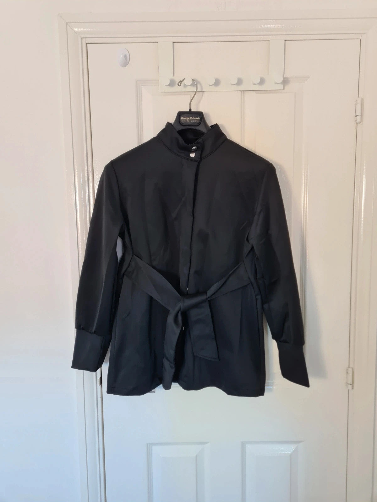 Shein women black lightweight shirt high neck long sleeve buttons down belted tunic M/10