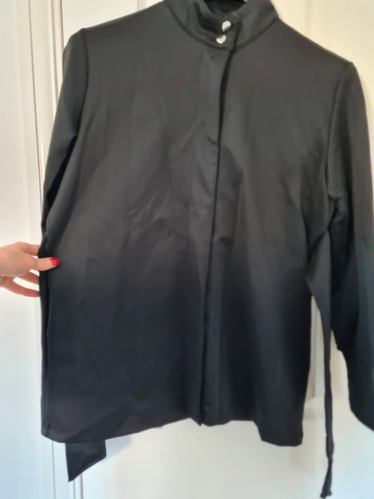 Shein women black lightweight shirt high neck long sleeve buttons down belted tunic M/10