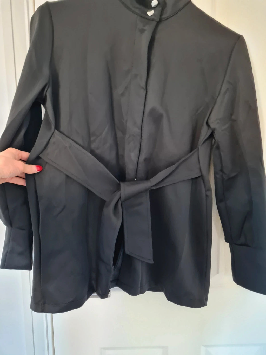 Shein women black lightweight shirt high neck long sleeve buttons down belted tunic M/10