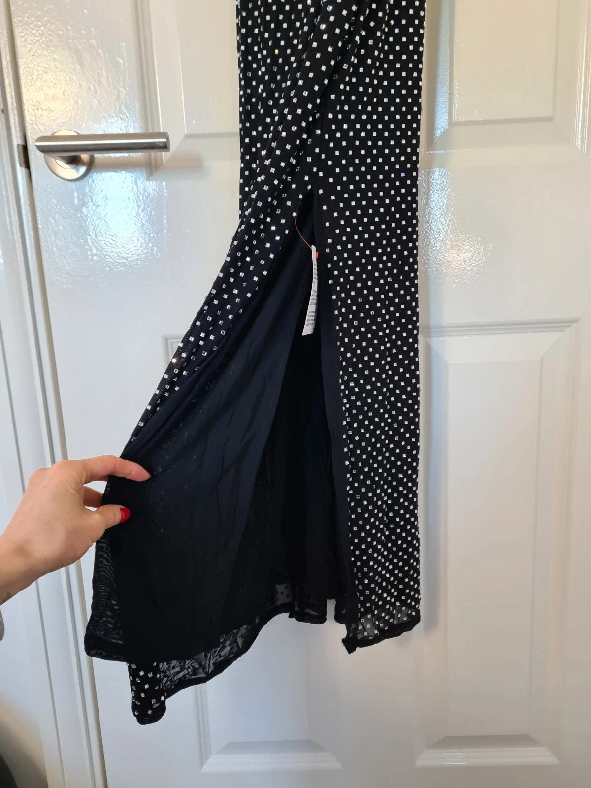 Miss Selfridge women hotfix cami slip midi dress black diamond side split straps sleeve M/UK10