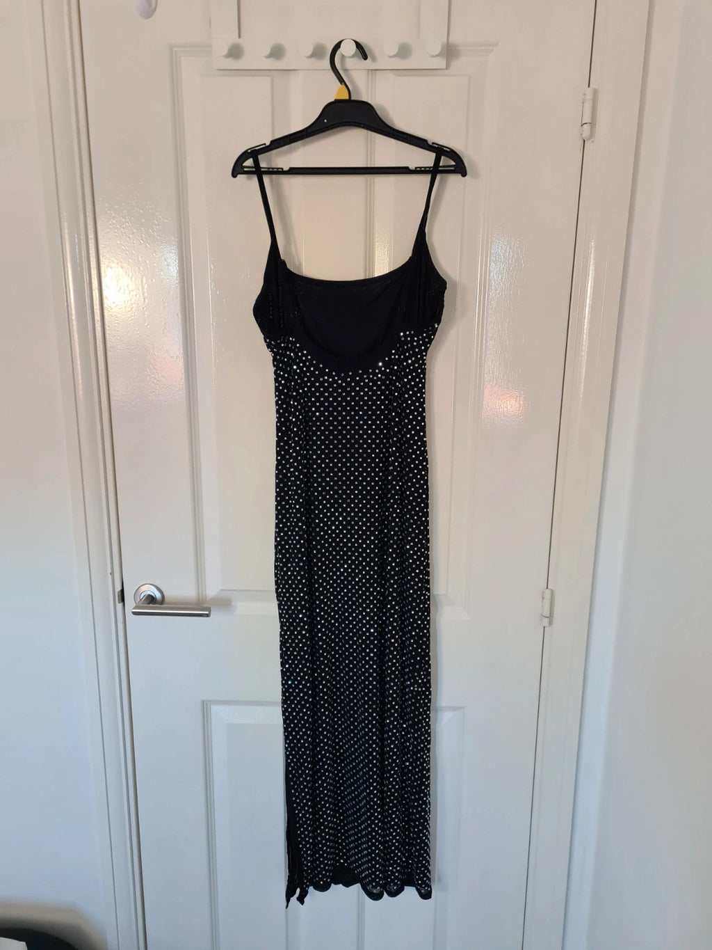 Miss Selfridge women hotfix cami slip midi dress black diamond side split straps sleeve M/UK10