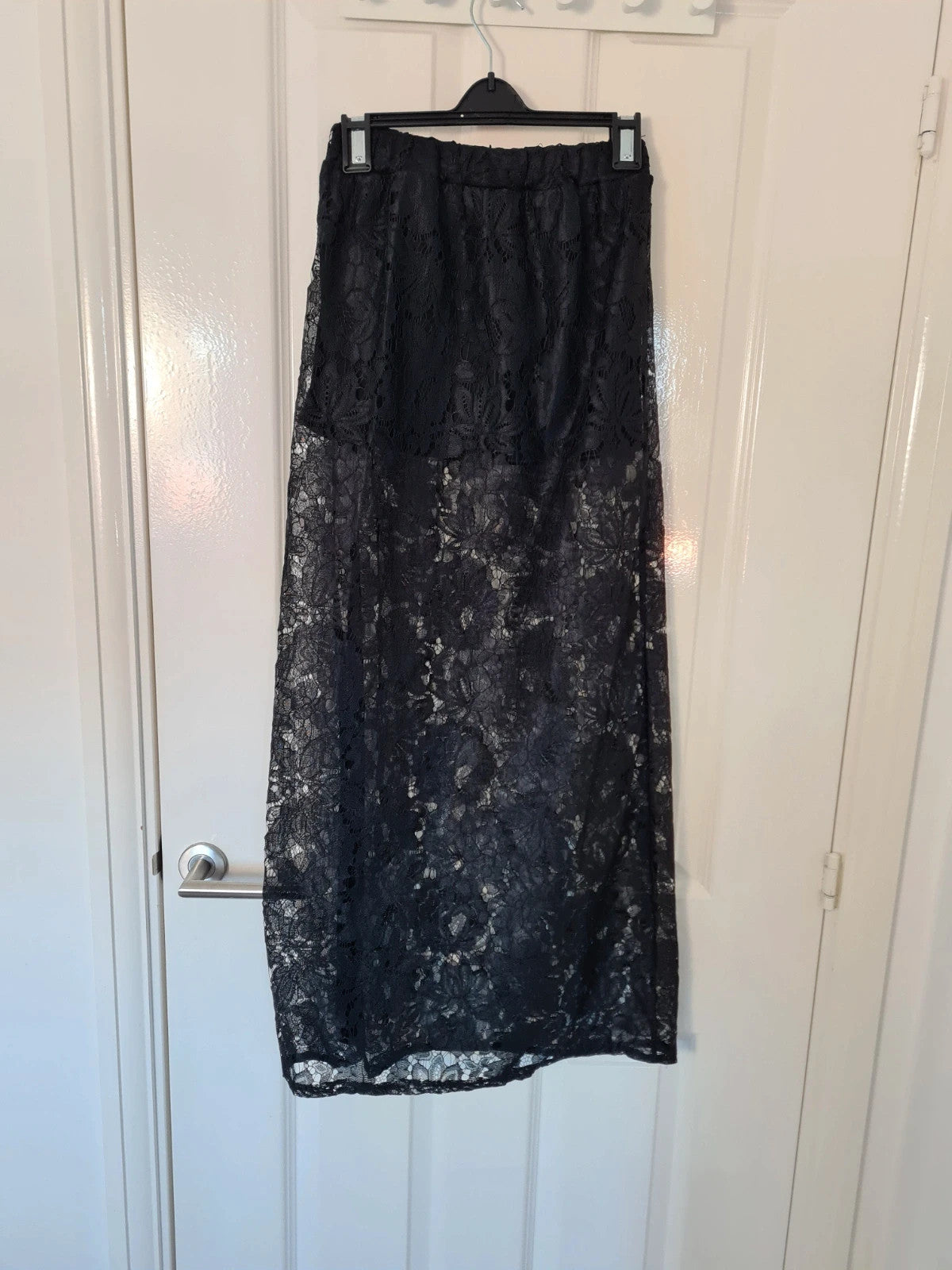 Generic women black midi skirt floral lace mini skirt lined elastic waist A-line casual party S/8