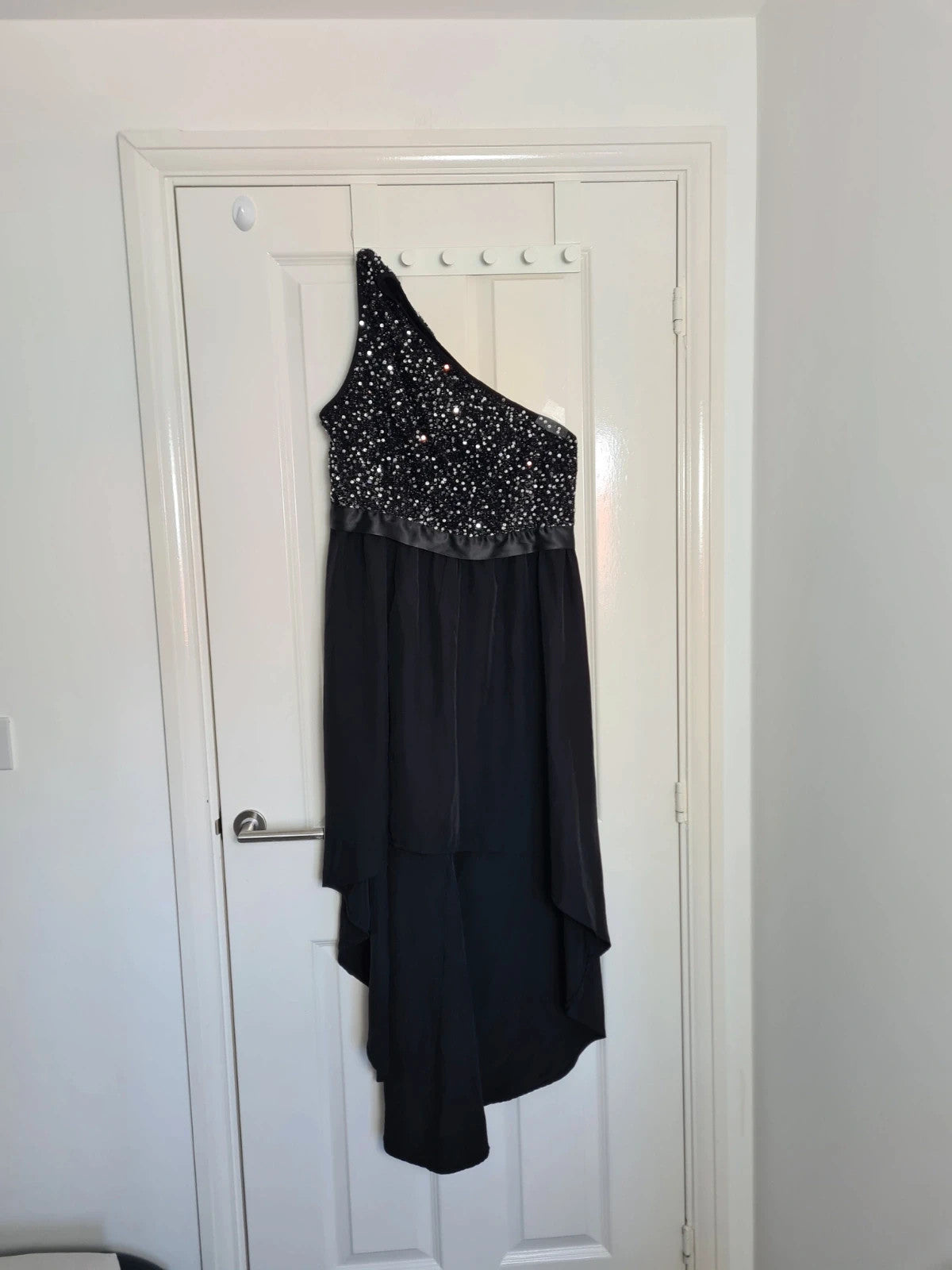 Shein women black one shoulder sequin midi dress asymmetrical front chifon skirt elegant party XL/14