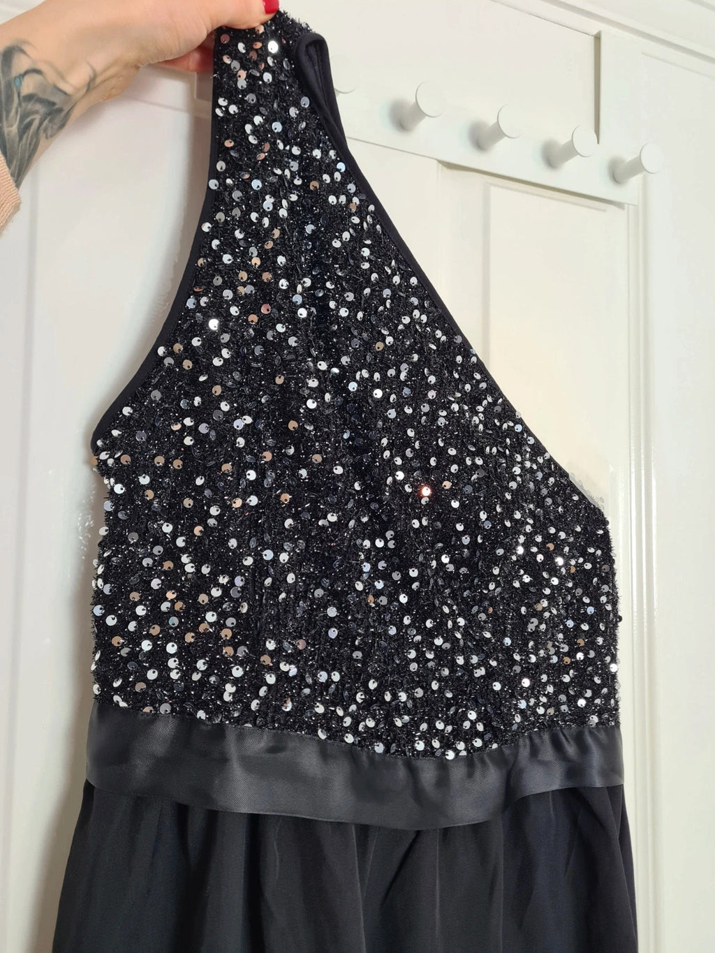 Shein women black one shoulder sequin midi dress asymmetrical front chifon skirt elegant party XL/14