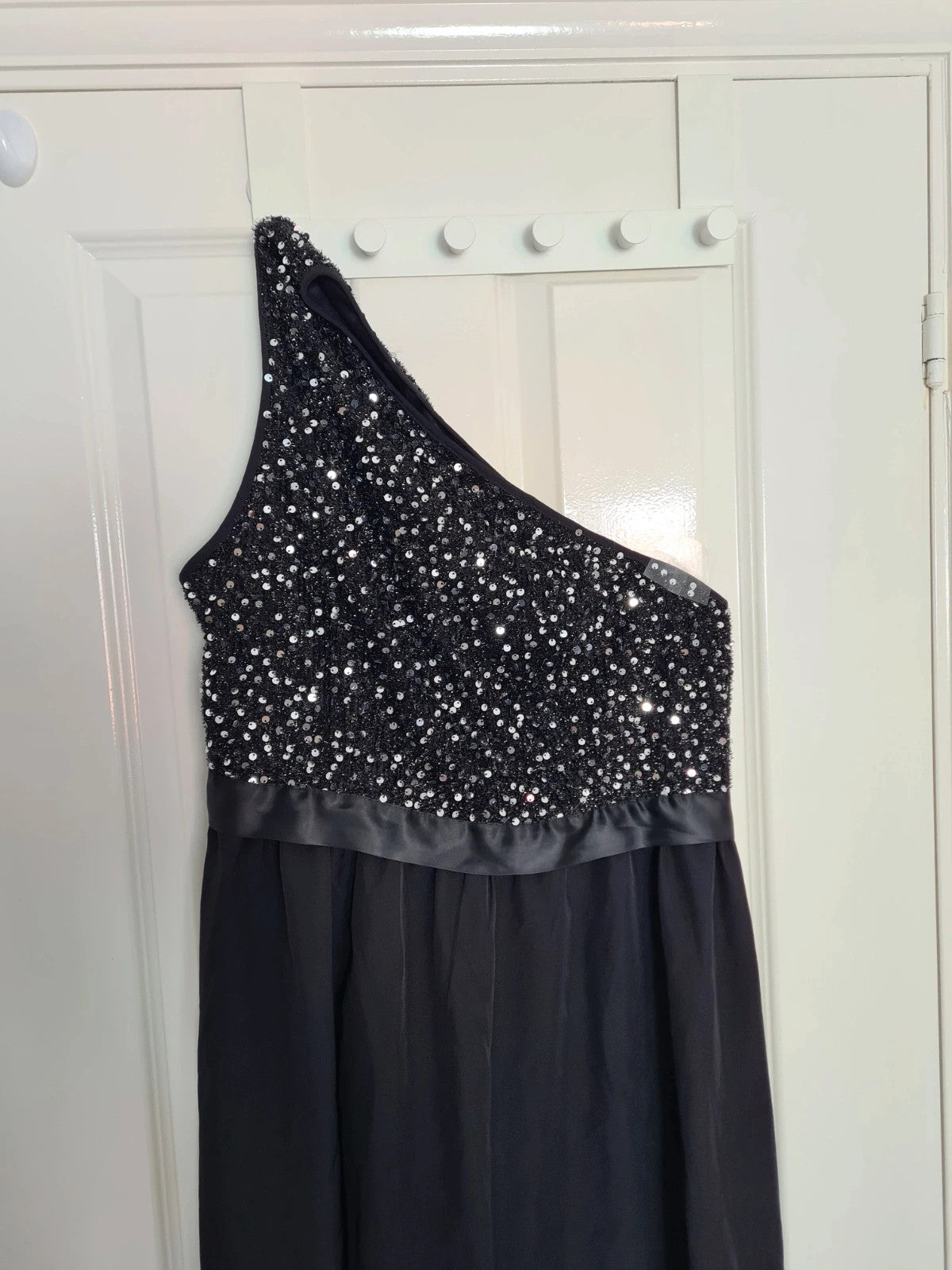 Shein women black one shoulder sequin midi dress asymmetrical front chifon skirt elegant party XL/14