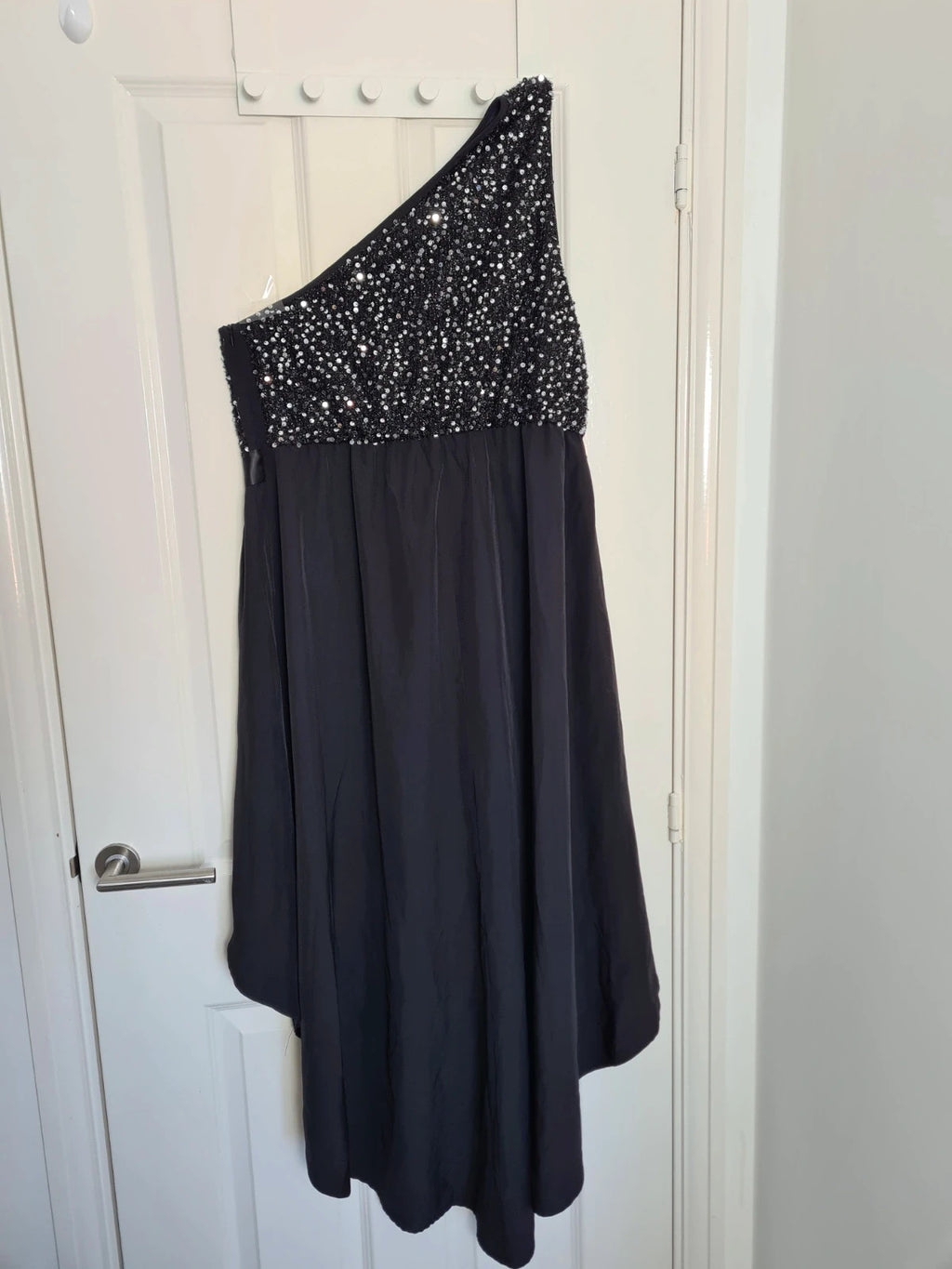 Shein women black one shoulder sequin midi dress asymmetrical front chifon skirt elegant party XL/14