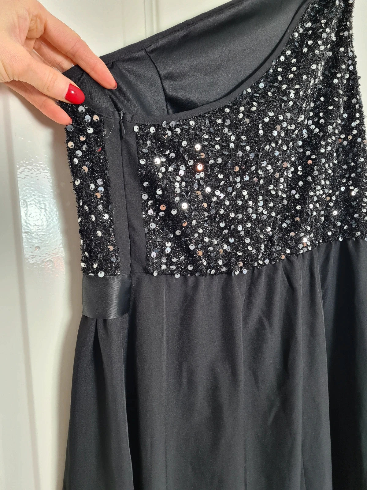 Shein women black one shoulder sequin midi dress asymmetrical front chifon skirt elegant party XL/14
