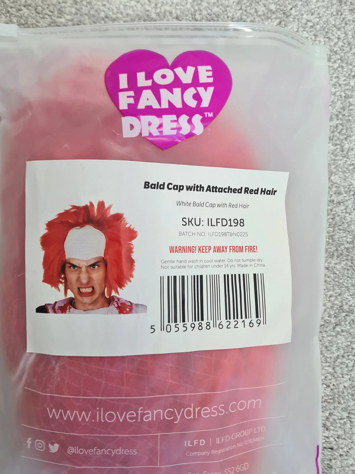 I love fancy dress men white bald cap with attached red hair clown scientist costume one size