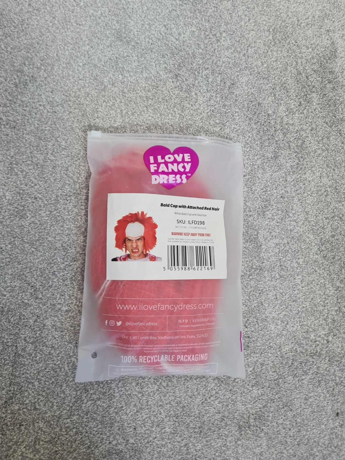 I love fancy dress men white bald cap with attached red hair clown scientist costume one size