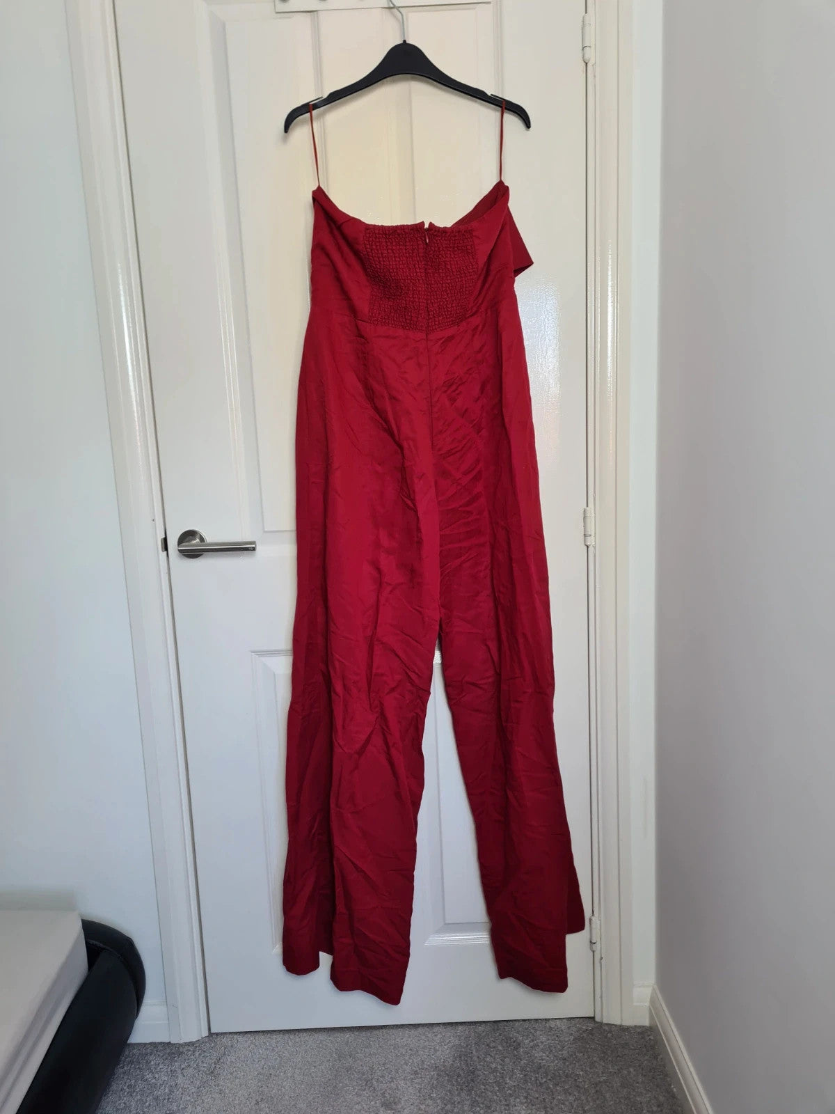 Mango women red strapless jumpsuit linien blend draped front ruched back zip wide straight leg XL/14