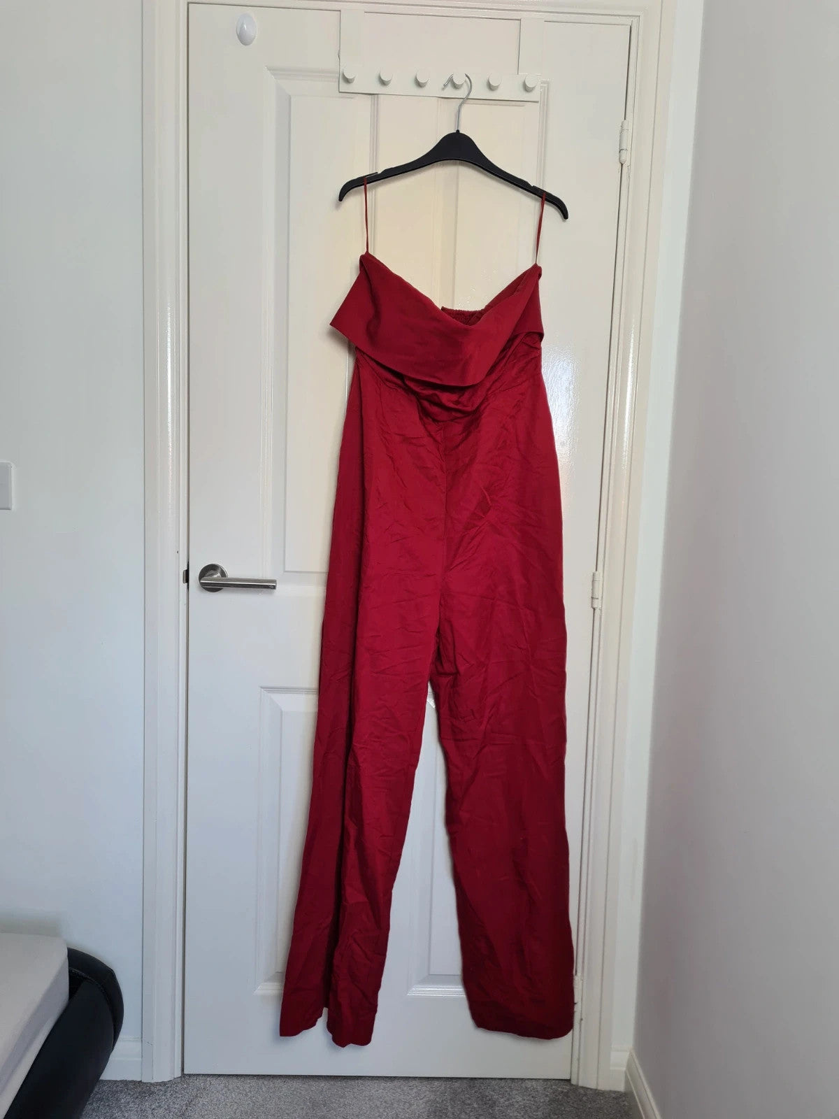 Mango women red strapless jumpsuit linien blend draped front ruched back zip wide straight leg XL/14