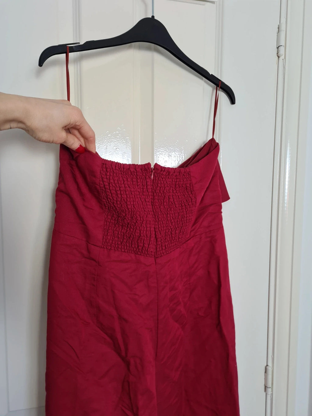 Mango women red strapless jumpsuit linien blend draped front ruched back zip wide straight leg XL/14