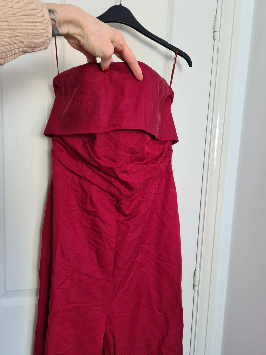 Mango women red strapless jumpsuit linien blend draped front ruched back zip wide straight leg XL/14