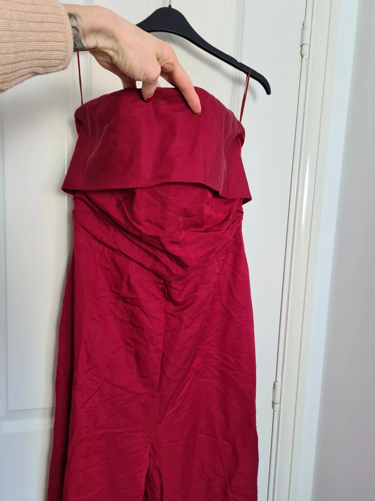 Mango women red strapless jumpsuit linien blend draped front ruched back zip wide straight leg XL/14