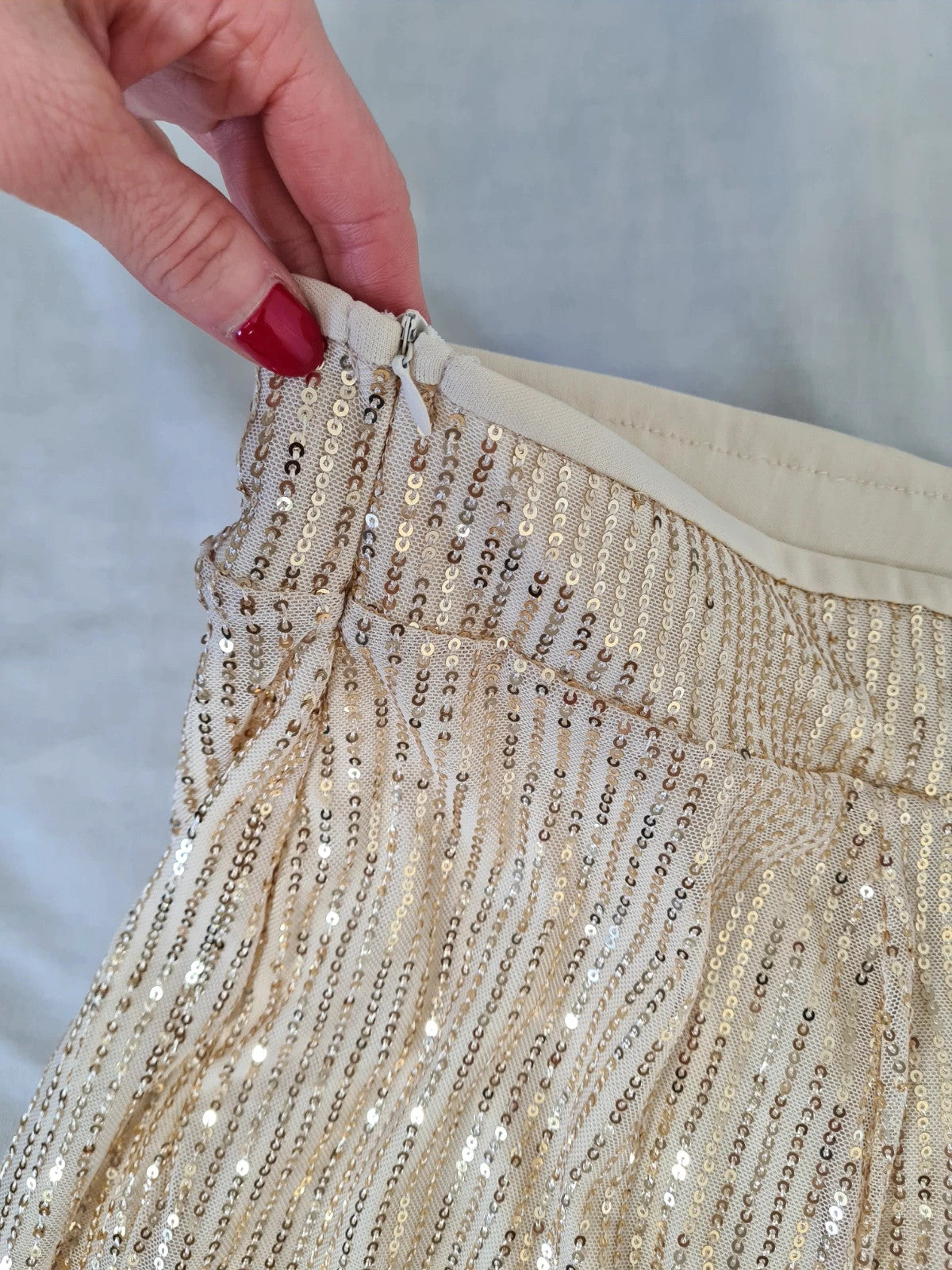 Generic women beige sequin wide straight leg trousers zip side lining glitter pants party outfit S/8