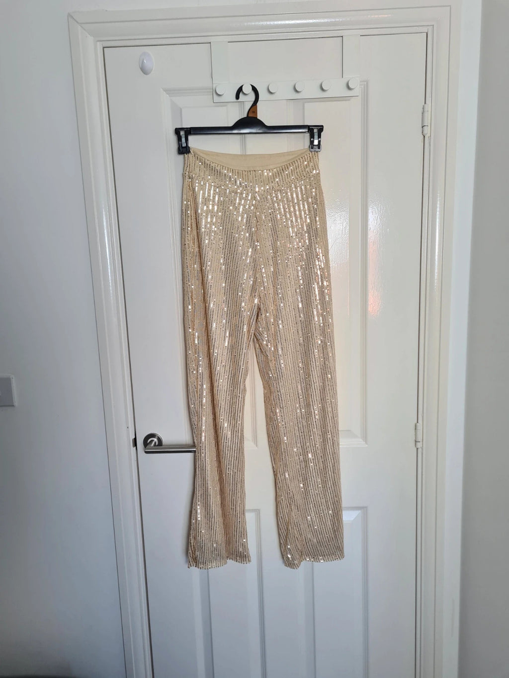 Generic women beige sequin wide straight leg trousers zip side lining glitter pants party outfit S/8