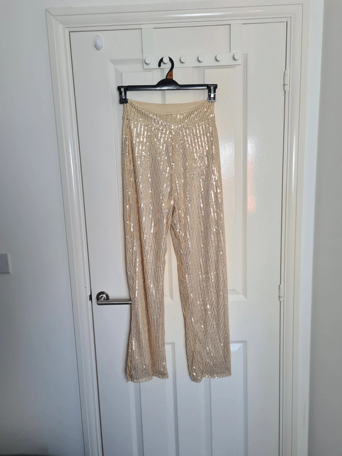 Generic women beige sequin wide straight leg trousers zip side lining glitter pants party outfit S/8