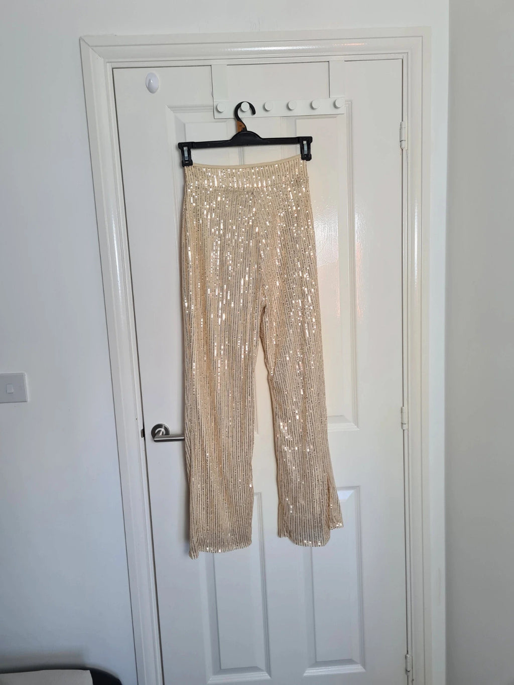 Generic women beige sequin wide straight leg trousers zip side lining glitter pants party outfit S/8