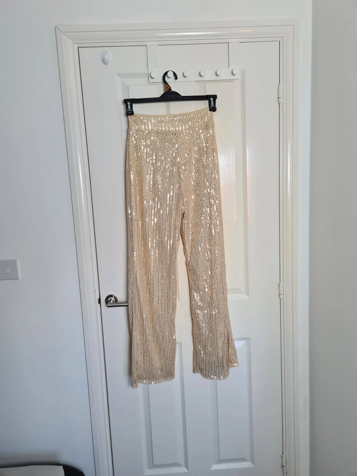 Generic women beige sequin wide straight leg trousers zip side lining glitter pants party outfit S/8