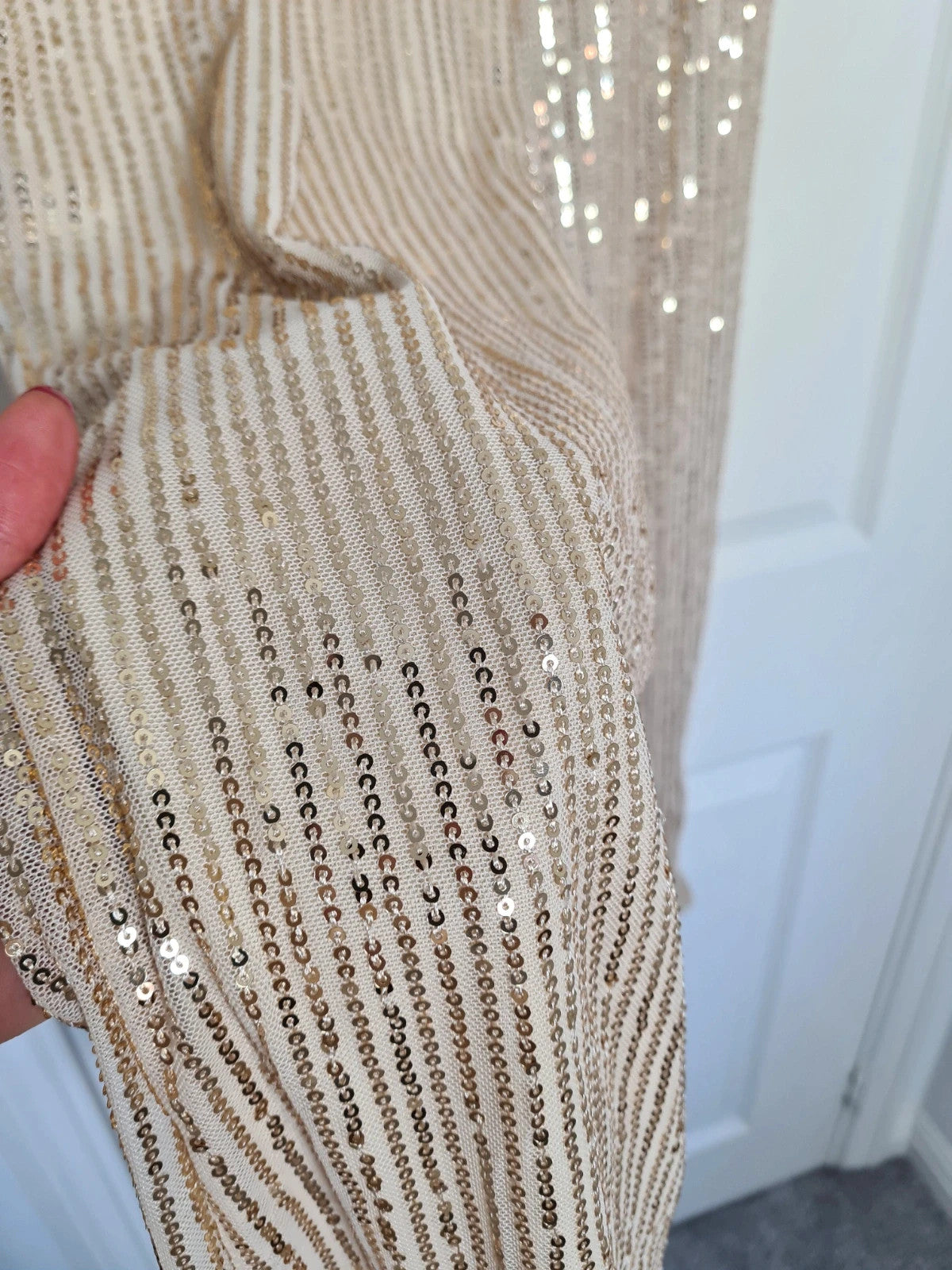 Generic women beige sequin wide straight leg trousers zip side lining glitter pants party outfit S/8