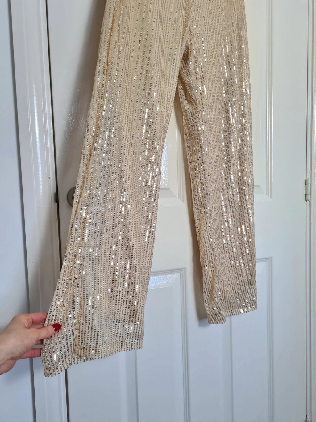 Generic women beige sequin wide straight leg trousers zip side lining glitter pants party outfit S/8
